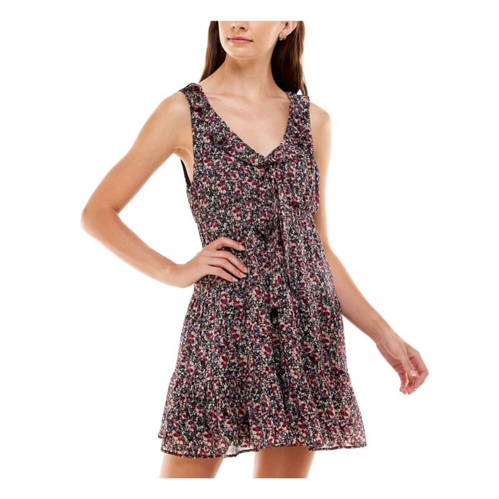 CRYSTAL DOLLS Womens A-Line Short Dress Black Sleeveless V Neck Tie Juniors M